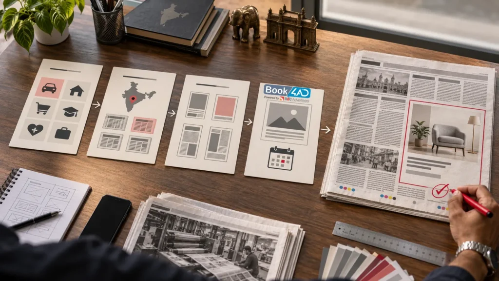 Newspaper advertisement booking process from category and edition selection to final print approval